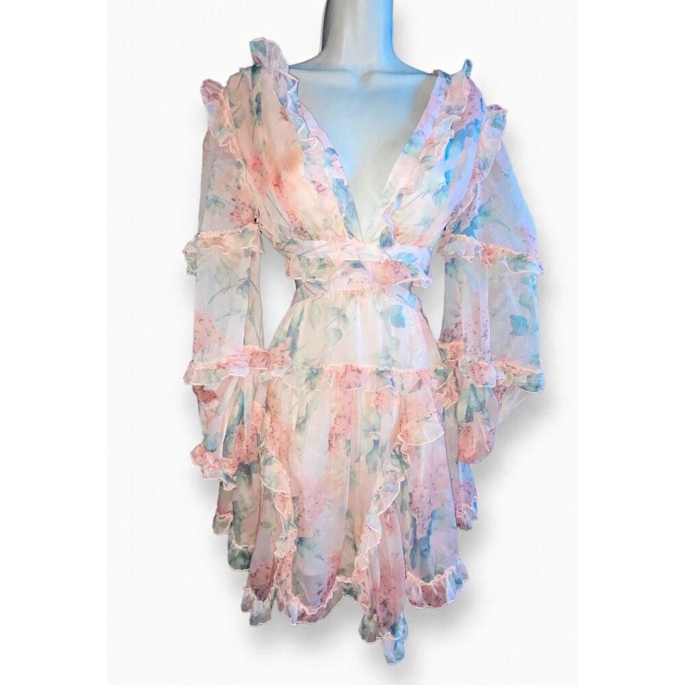 Floral Ruffle Dress M Pink Watercolor Lace Up Back Bell Sleeve Cottagecore